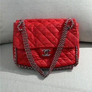 CHANEL Red Lambskin Chain Around Flap Maxi SHW